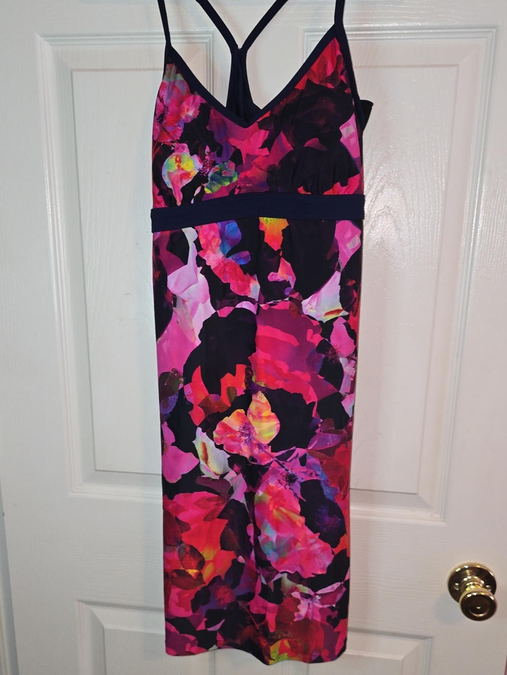Athleta Navy Sports Bra‎ with Pink/Blue Print